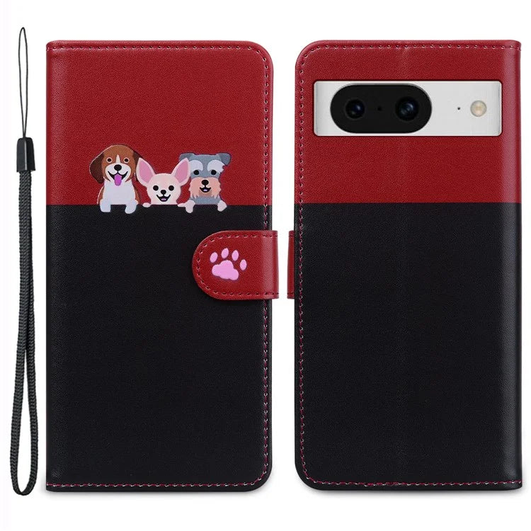 Cartoon Pet Series for Google Pixel 8 Case Leather  Splicing Phone Stand Cover with Wrist Strap