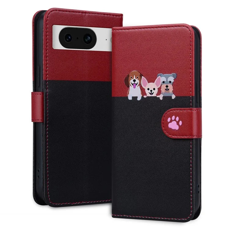 Cartoon Pet Series for Google Pixel 8 Case Leather  Splicing Phone Stand Cover with Wrist Strap