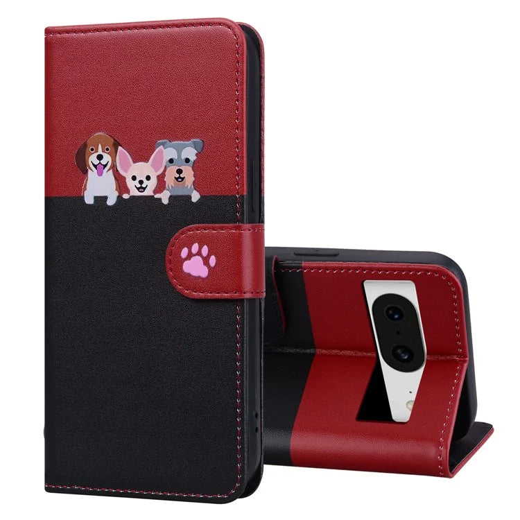 Cartoon Pet Series for Google Pixel 8 Case Leather  Splicing Phone Stand Cover with Wrist Strap