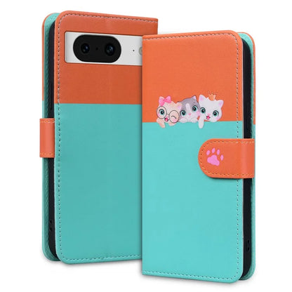 Cartoon Pet Series for Google Pixel 8 Case Leather  Splicing Phone Stand Cover with Wrist Strap