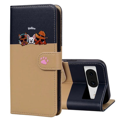 Cartoon Pet Series for Google Pixel 8 Case Leather  Splicing Phone Stand Cover with Wrist Strap