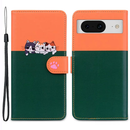 Cartoon Pet Series for Google Pixel 8 Case Leather  Splicing Phone Stand Cover with Wrist Strapish Green