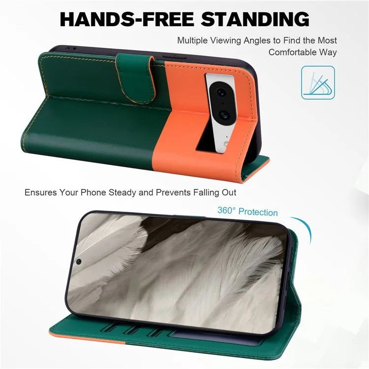 Cartoon Pet Series for Google Pixel 8 Case Leather  Splicing Phone Stand Cover with Wrist Strapish Green