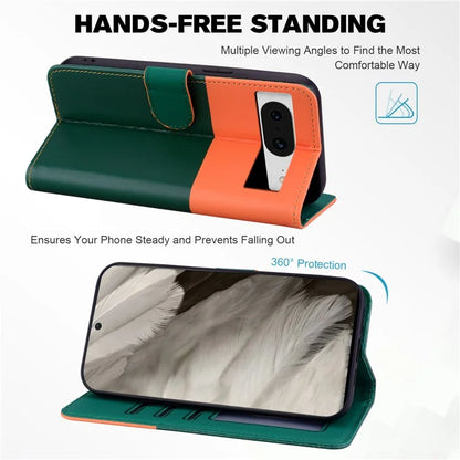 Cartoon Pet Series for Google Pixel 8 Case Leather  Splicing Phone Stand Cover with Wrist Strapish Green