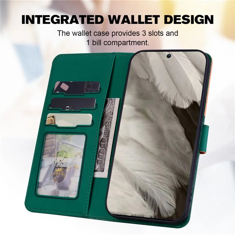 Cartoon Pet Series for Google Pixel 8 Case Leather  Splicing Phone Stand Cover with Wrist Strapish Green