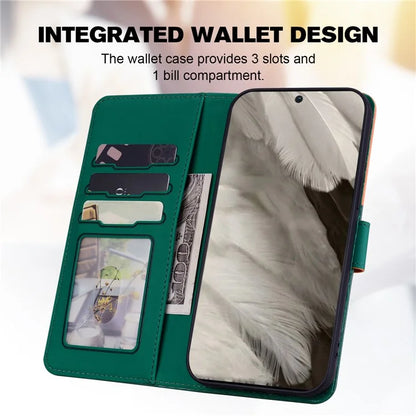Cartoon Pet Series for Google Pixel 8 Case Leather  Splicing Phone Stand Cover with Wrist Strapish Green