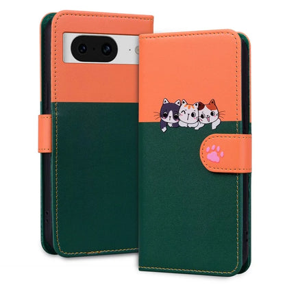 Cartoon Pet Series for Google Pixel 8 Case Leather  Splicing Phone Stand Cover with Wrist Strapish Green