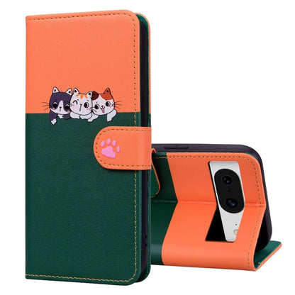 Cartoon Pet Series for Google Pixel 8 Case Leather  Splicing Phone Stand Cover with Wrist Strapish Green