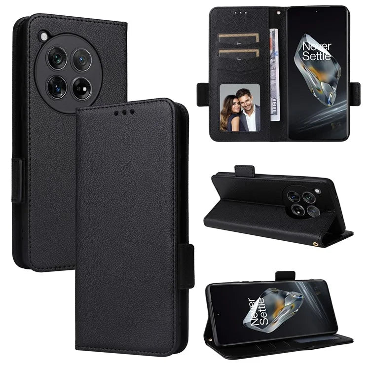 For OnePlus 12 5G Case PU Leather Litchi Texture Card Slots Phone Protector with Strap