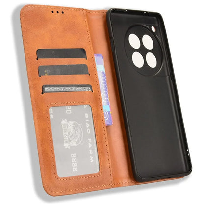 For OnePlus 12 5G Retro Texture Phone Shell Wallet PU Leather Case Stand Cover
