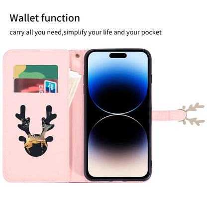 For iPhone 14 Pro Shockproof Case Gradient Crocodile Texture Phone Cover with Deer Decor Closure