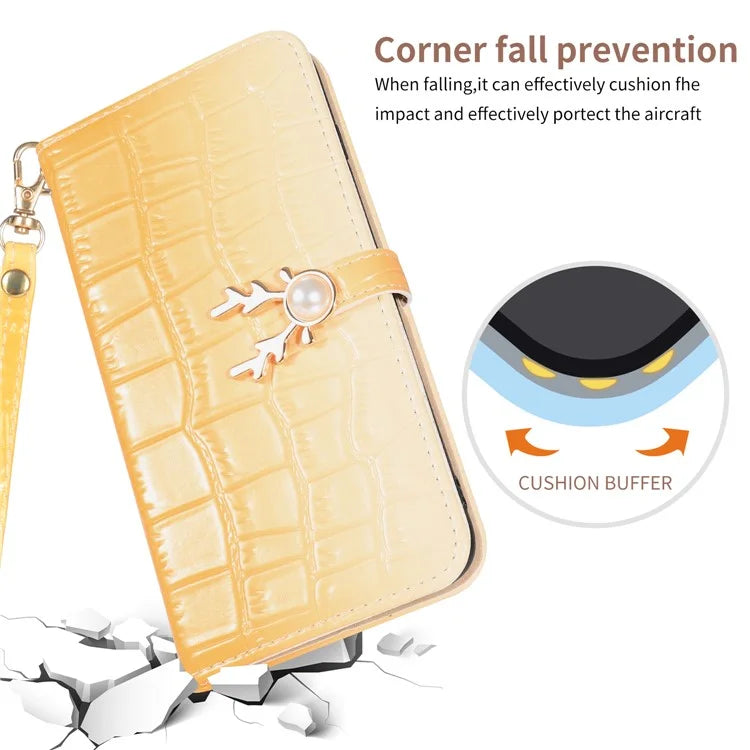 For iPhone 14 Pro Shockproof Case Gradient Crocodile Texture Phone Cover with Deer Decor Closure