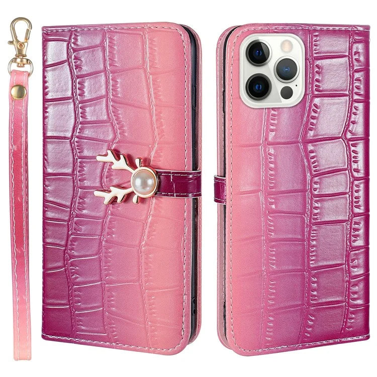 For iPhone 14 Pro Max Deer Decor Case Gradient Crocodile Texture Shockproof Phone Cover
