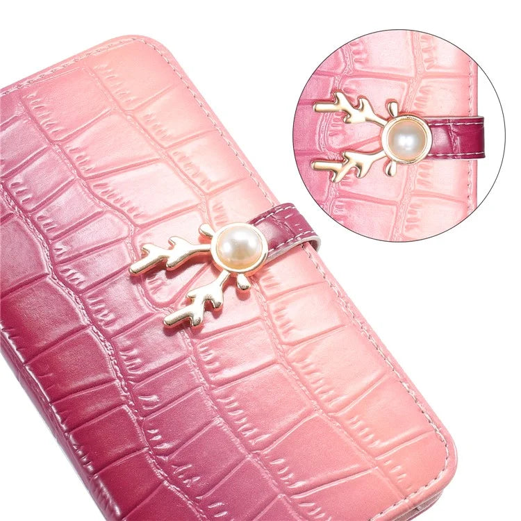 For iPhone 14 Pro Max Deer Decor Case Gradient Crocodile Texture Shockproof Phone Cover