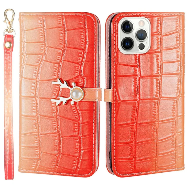For iPhone 14 Pro Max Deer Decor Case Gradient Crocodile Texture Shockproof Phone Cover