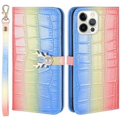 For iPhone 14 Pro Max Deer Decor Case Gradient Crocodile Texture Shockproof Phone Cover