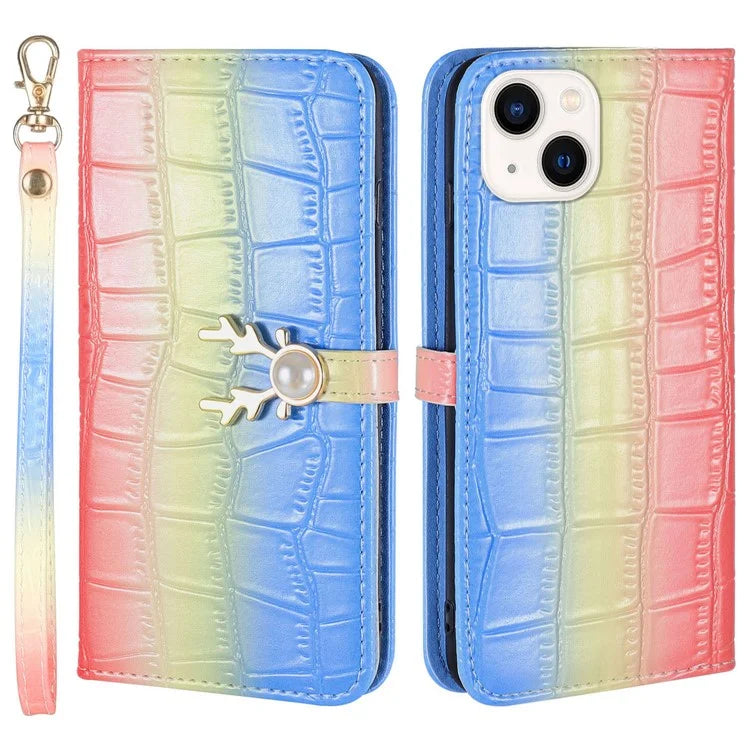 For iPhone 14 Protective Case Gradient Crocodile Texture Deer Decor Phone Shell with Stand