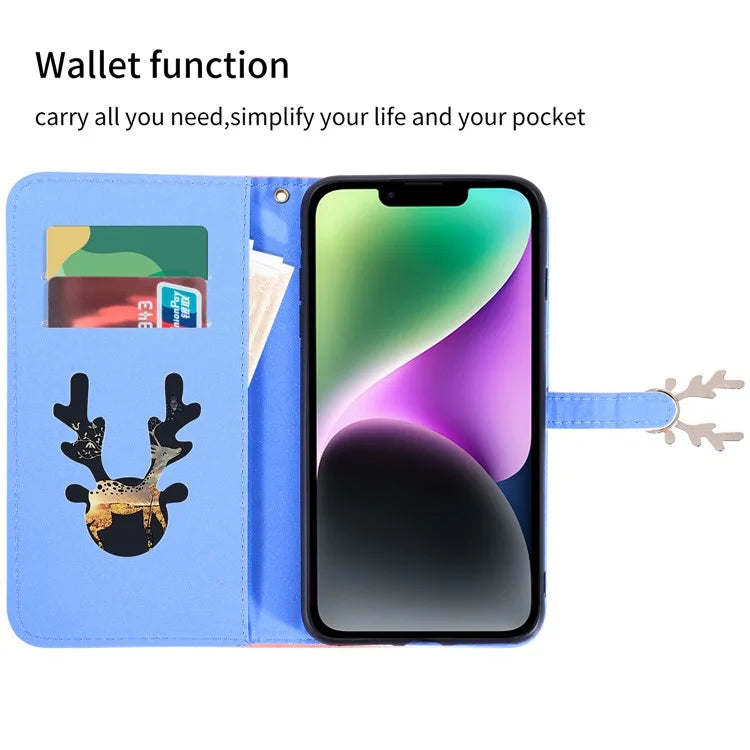 For iPhone 14 Protective Case Gradient Crocodile Texture Deer Decor Phone Shell with Stand