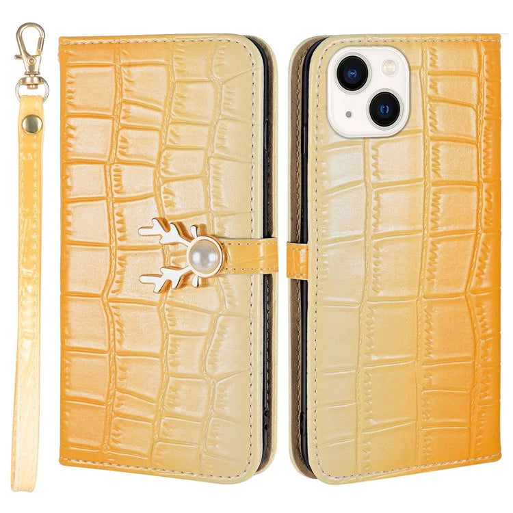 For iPhone 14 Protective Case Gradient Crocodile Texture Deer Decor Phone Shell with Stand