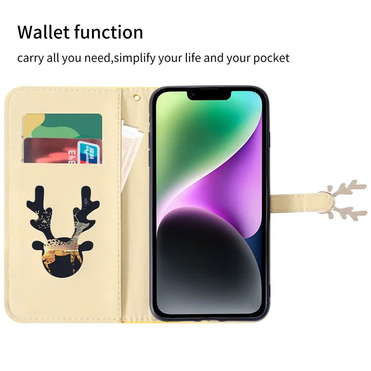 For iPhone 14 Protective Case Gradient Crocodile Texture Deer Decor Phone Shell with Stand