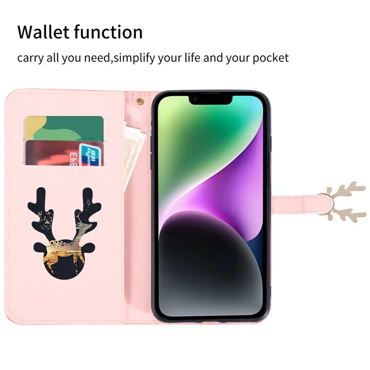 For iPhone 14 Protective Case Gradient Crocodile Texture Deer Decor Phone Shell with Stand