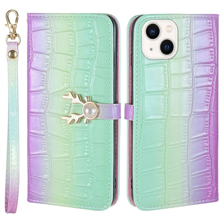 For iPhone 14 Protective Case Gradient Crocodile Texture Deer Decor Phone Shell with Stand