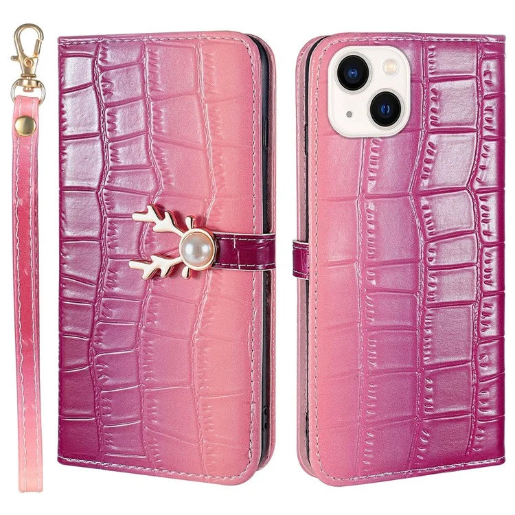 For iPhone 14 Protective Case Gradient Crocodile Texture Deer Decor Phone Shell with Stand