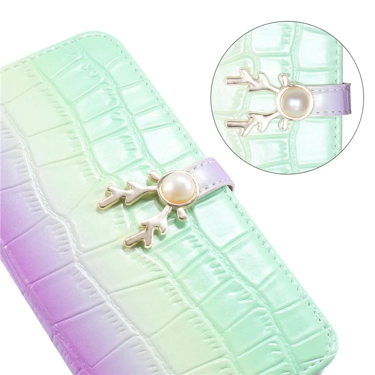 For iPhone 14 Plus Wallet Case Gradient Crocodile Texture Protective Phone Cover