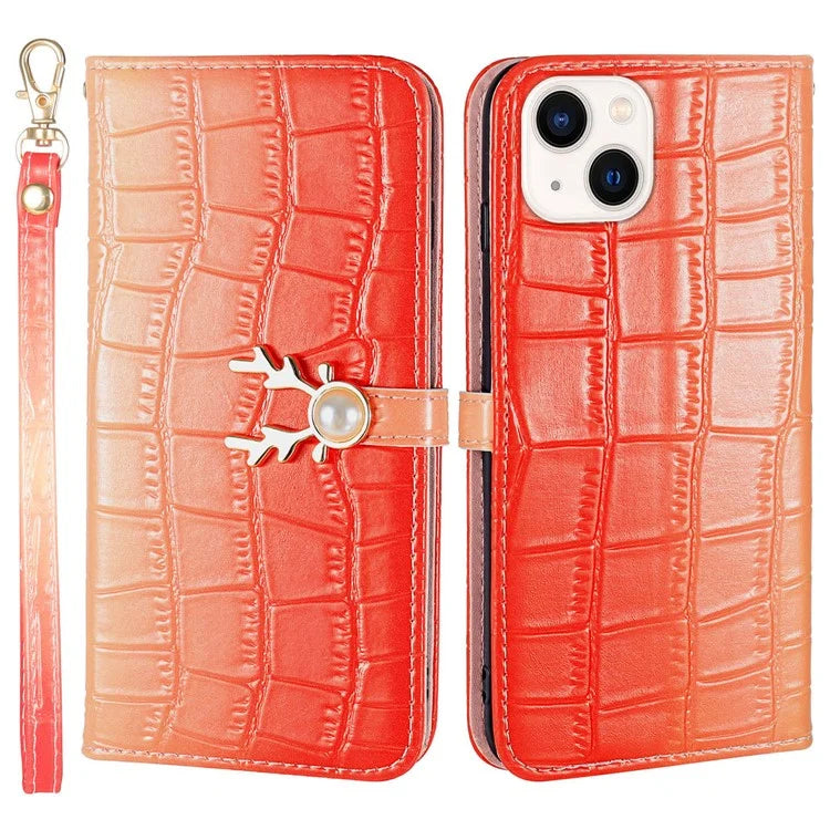 For iPhone 13 Crocodile Texture Case Gradient Color Leather Phone Cover with Strap