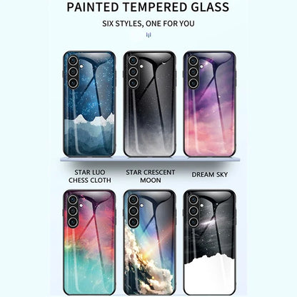 For Samsung Galaxy S24 Cell Phone Case Tempered Glass+PC+TPU Starry Sky Pattern Shell
