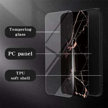 For Xiaomi Redmi Note 13 Pro+ 5G Cell Phone Case Marble Pattern Tempered Glass+PC+TPU Anti-drop Shell