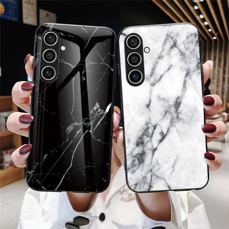 For Samsung Galaxy S24 Case Drop-proof Tempered Glass+PC+TPU Marble Pattern Printing Back Shell