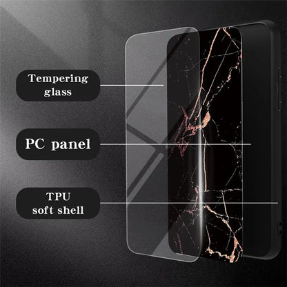For Samsung Galaxy S24 Case Drop-proof Tempered Glass+PC+TPU Marble Pattern Printing Back Shell