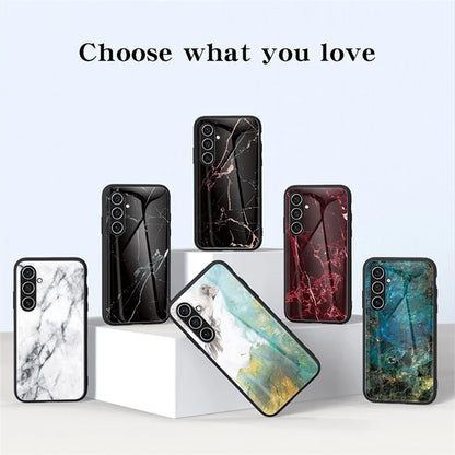 For Samsung Galaxy S24 Case Drop-proof Tempered Glass+PC+TPU Marble Pattern Printing Back Shell