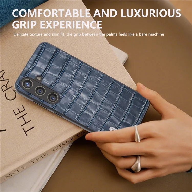 ABEEL For Samsung Galaxy S24+ Case Genuine Cow Leather Phone Cover Crocodile Texture
