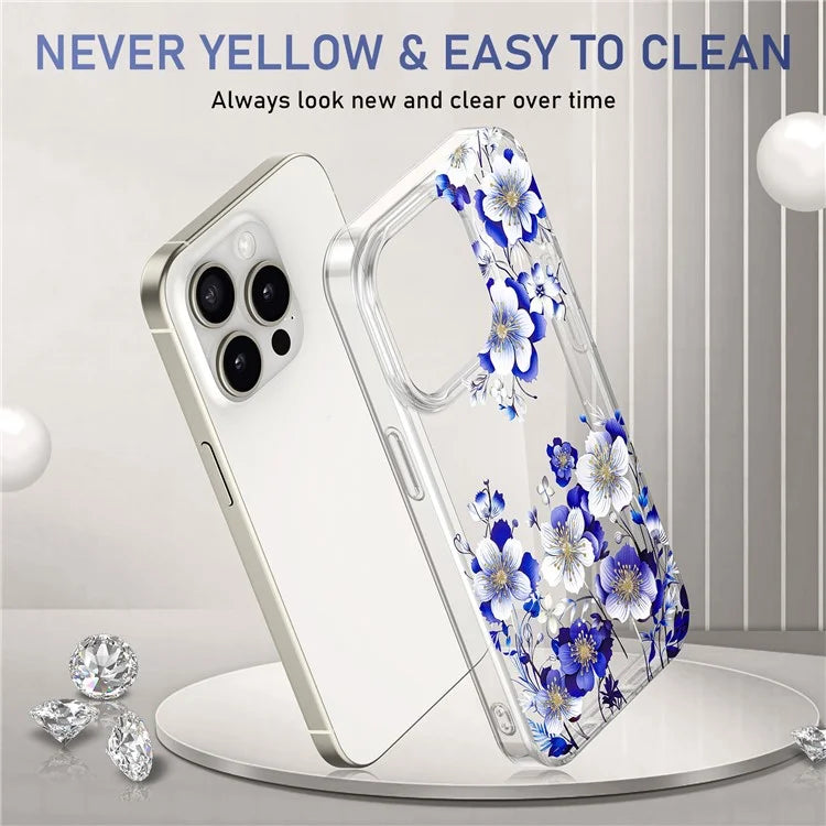 For iPhone 15 Pro Floral Pattern Phone Case PC +TPU Transparent Cover