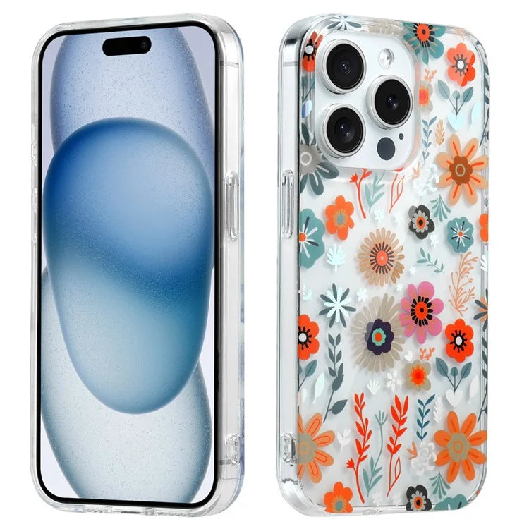 For iPhone 15 Pro Floral Pattern Phone Case PC +TPU Transparent Cover
