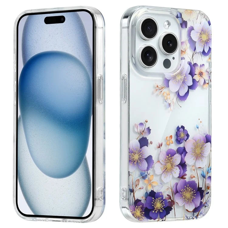 For iPhone 15 Pro Floral Pattern Phone Case PC +TPU Transparent Cover