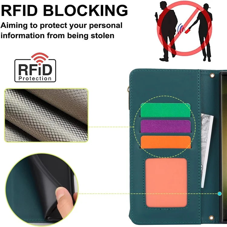 For Samsung Galaxy S22 Ultra 5G Cover RFID Blocking Card Slots PU Leather Stand Shell