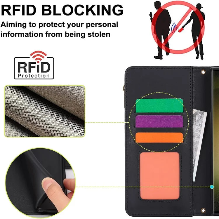 For Samsung Galaxy S22 Ultra 5G Cover RFID Blocking Card Slots PU Leather Stand Shell