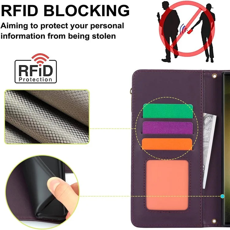 For Samsung Galaxy S22 Ultra 5G Cover RFID Blocking Card Slots PU Leather Stand Shell