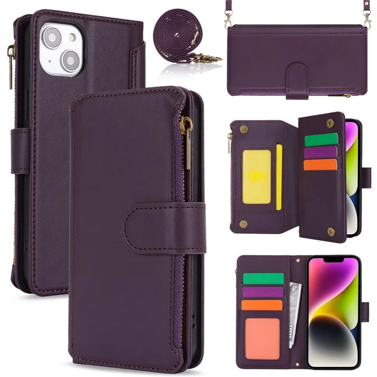 For iPhone 15 Plus Case Multiple Card Slots PU Leather Phone Cover with 2 Straps