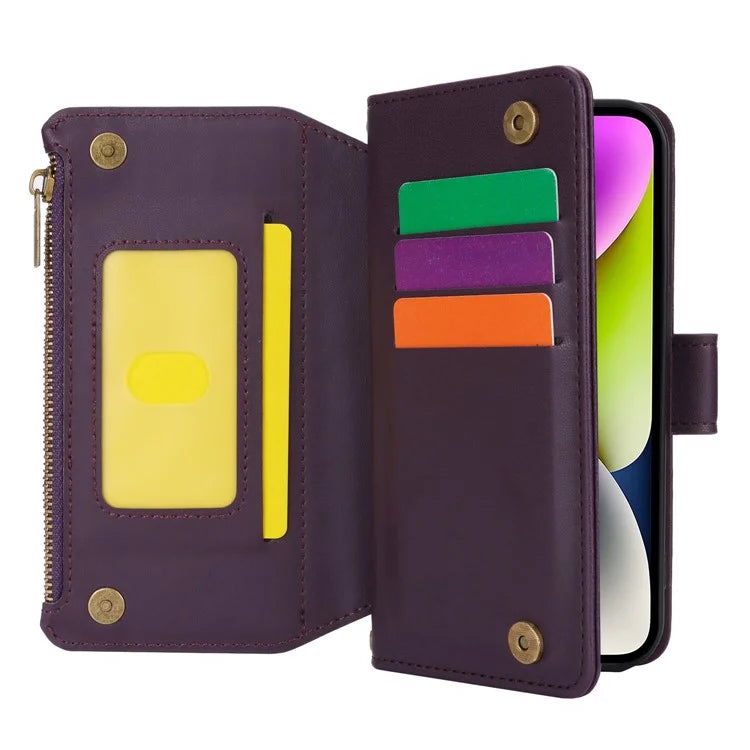 For iPhone 15 Plus Case Multiple Card Slots PU Leather Phone Cover with 2 Straps