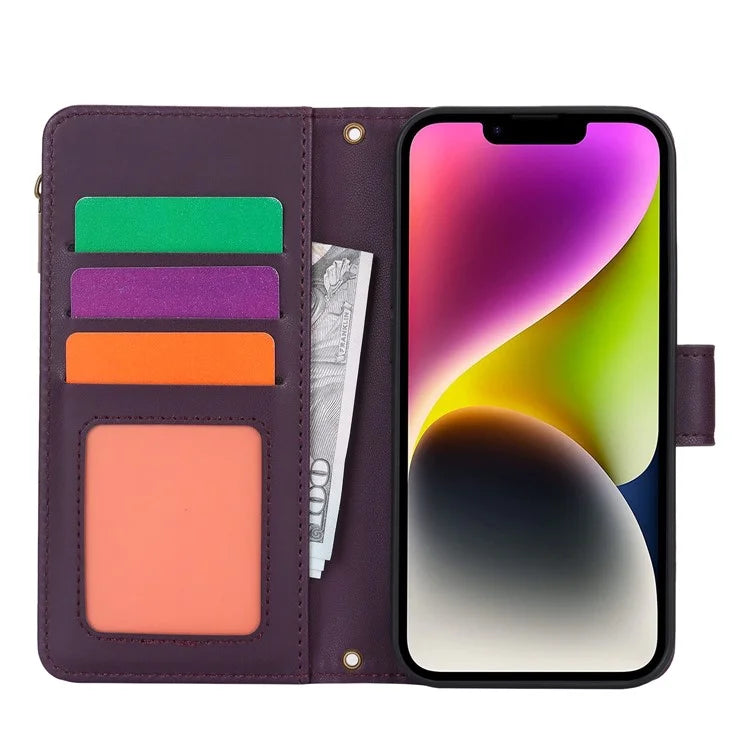 For iPhone 15 Plus Case Multiple Card Slots PU Leather Phone Cover with 2 Straps