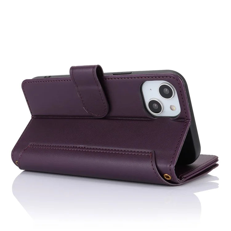 For iPhone 15 Plus Case Multiple Card Slots PU Leather Phone Cover with 2 Straps