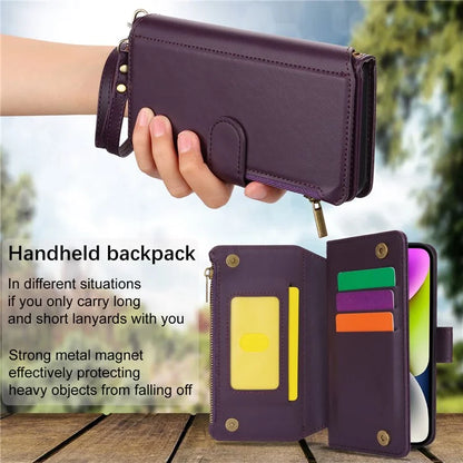 For iPhone 15 Plus Case Multiple Card Slots PU Leather Phone Cover with 2 Straps