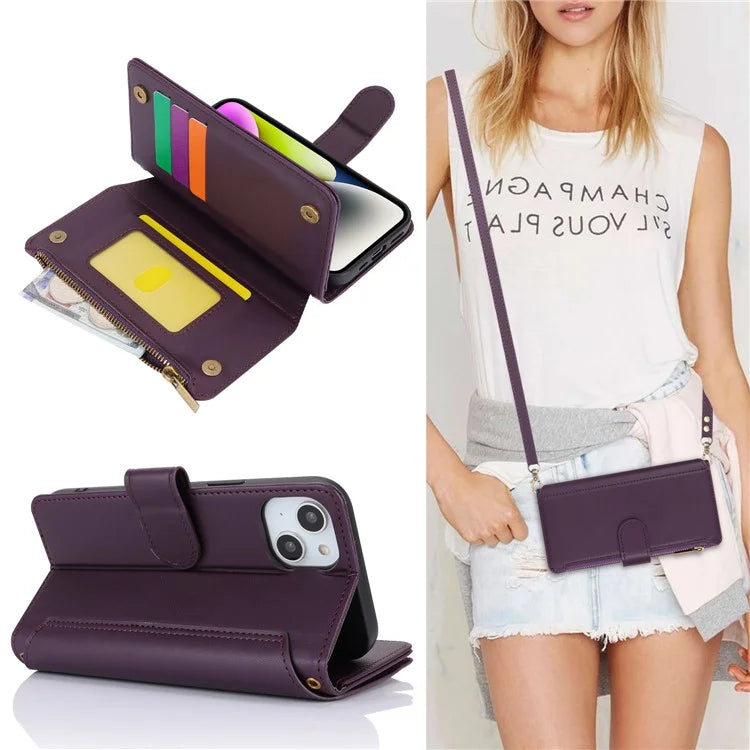 For iPhone 15 Plus Case Multiple Card Slots PU Leather Phone Cover with 2 Straps