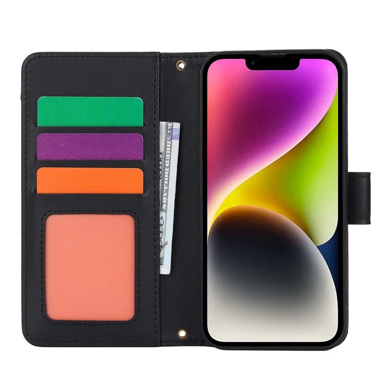 For iPhone 15 Plus Case Multiple Card Slots PU Leather Phone Cover with 2 Straps