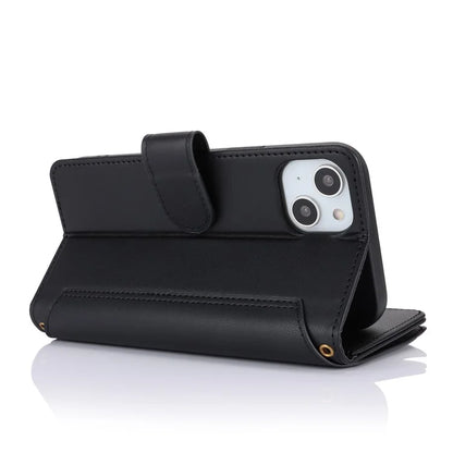 For iPhone 15 Plus Case Multiple Card Slots PU Leather Phone Cover with 2 Straps