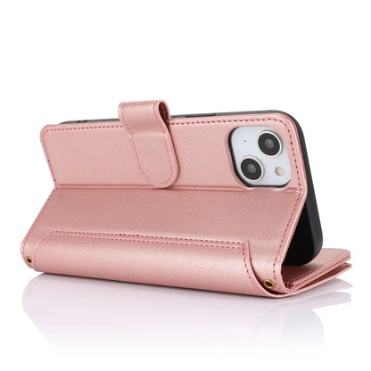 For iPhone 15 Plus Case Multiple Card Slots PU Leather Phone Cover with 2 Straps
